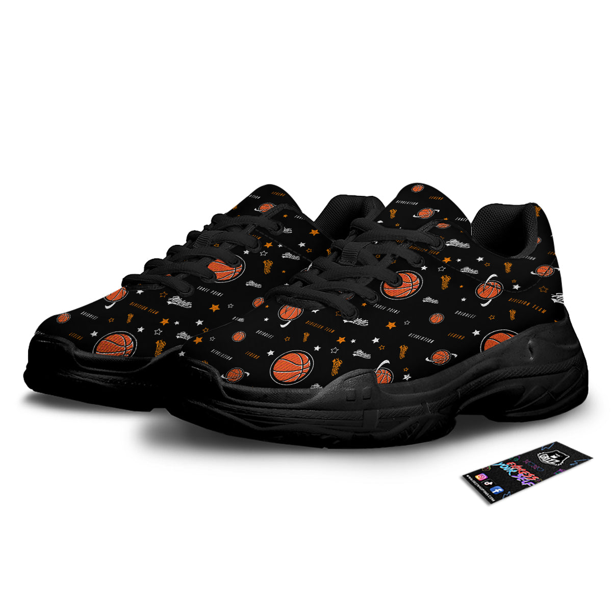 Star And Basketball Print Pattern Black Chunky Shoes-grizzshop