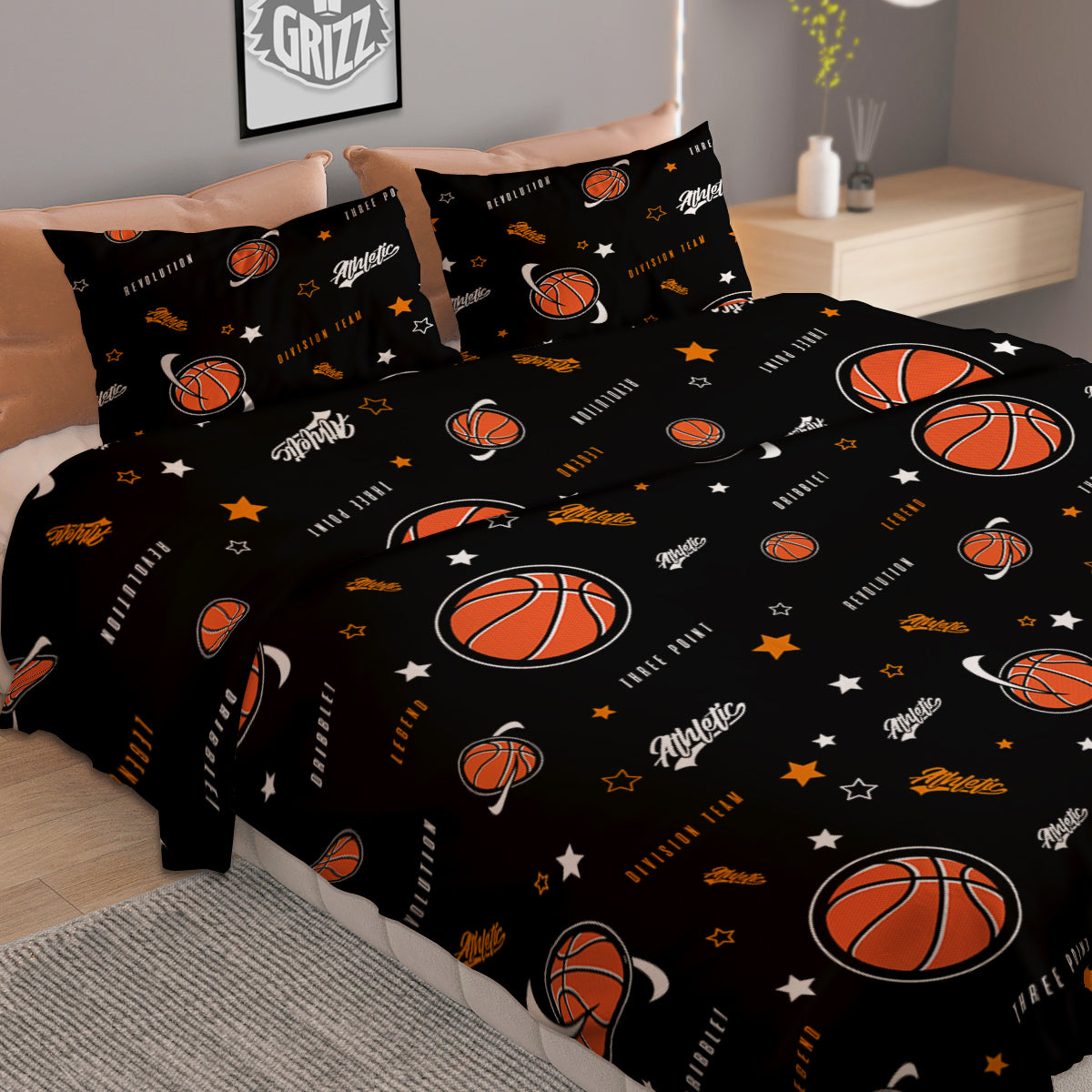 Star And Basketball Print Pattern Duvet Cover Bedding Set