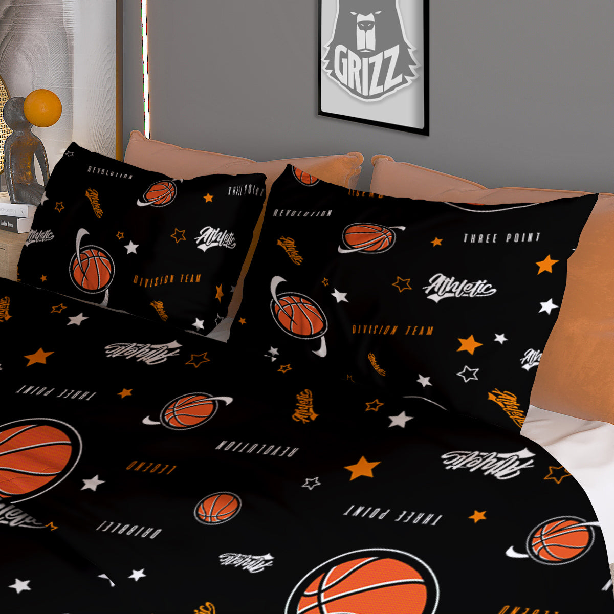 Star And Basketball Print Pattern Duvet Cover Bedding Set
