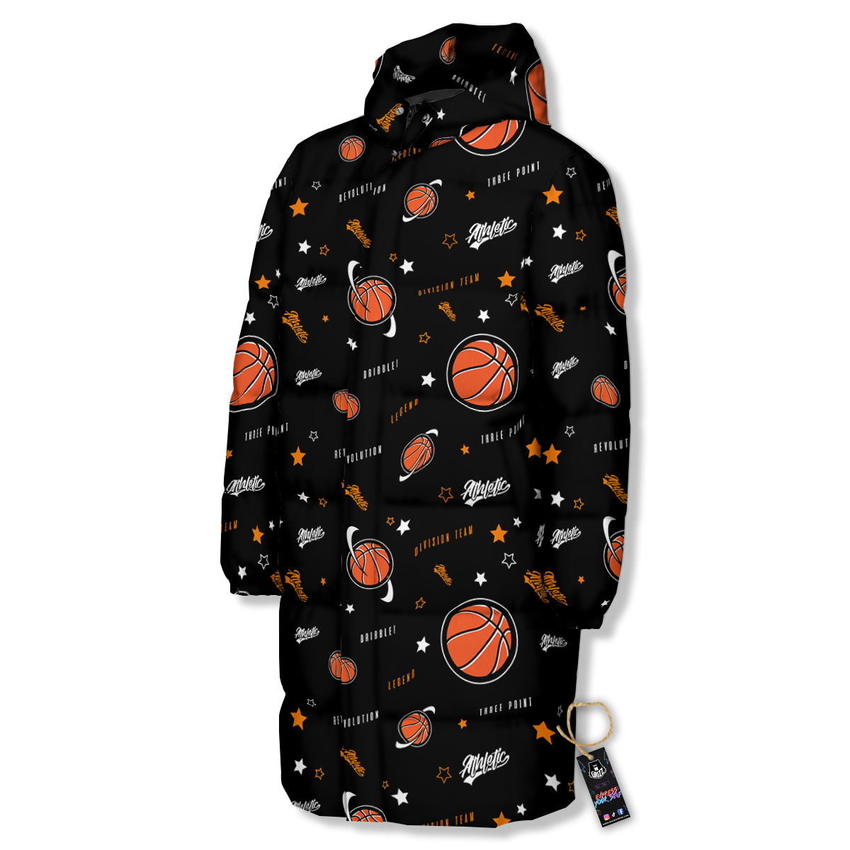 Star And Basketball Print Pattern Long Down Jacket-grizzshop