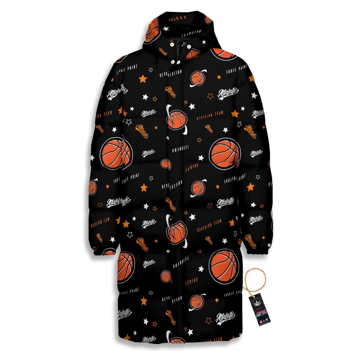 Star And Basketball Print Pattern Long Down Jacket-grizzshop