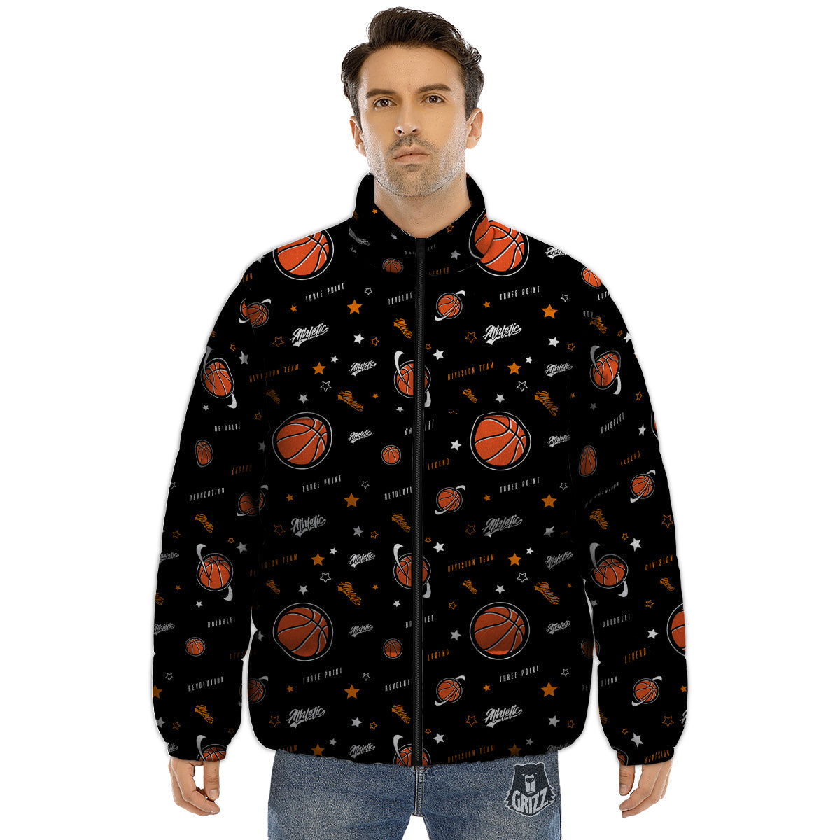 Star And Basketball Print Pattern Puffer Jacket-grizzshop