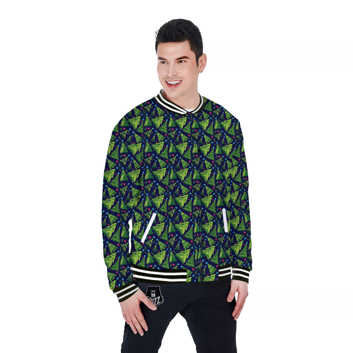 Star And Christmas Tree Print Pattern Baseball Jacket-grizzshop