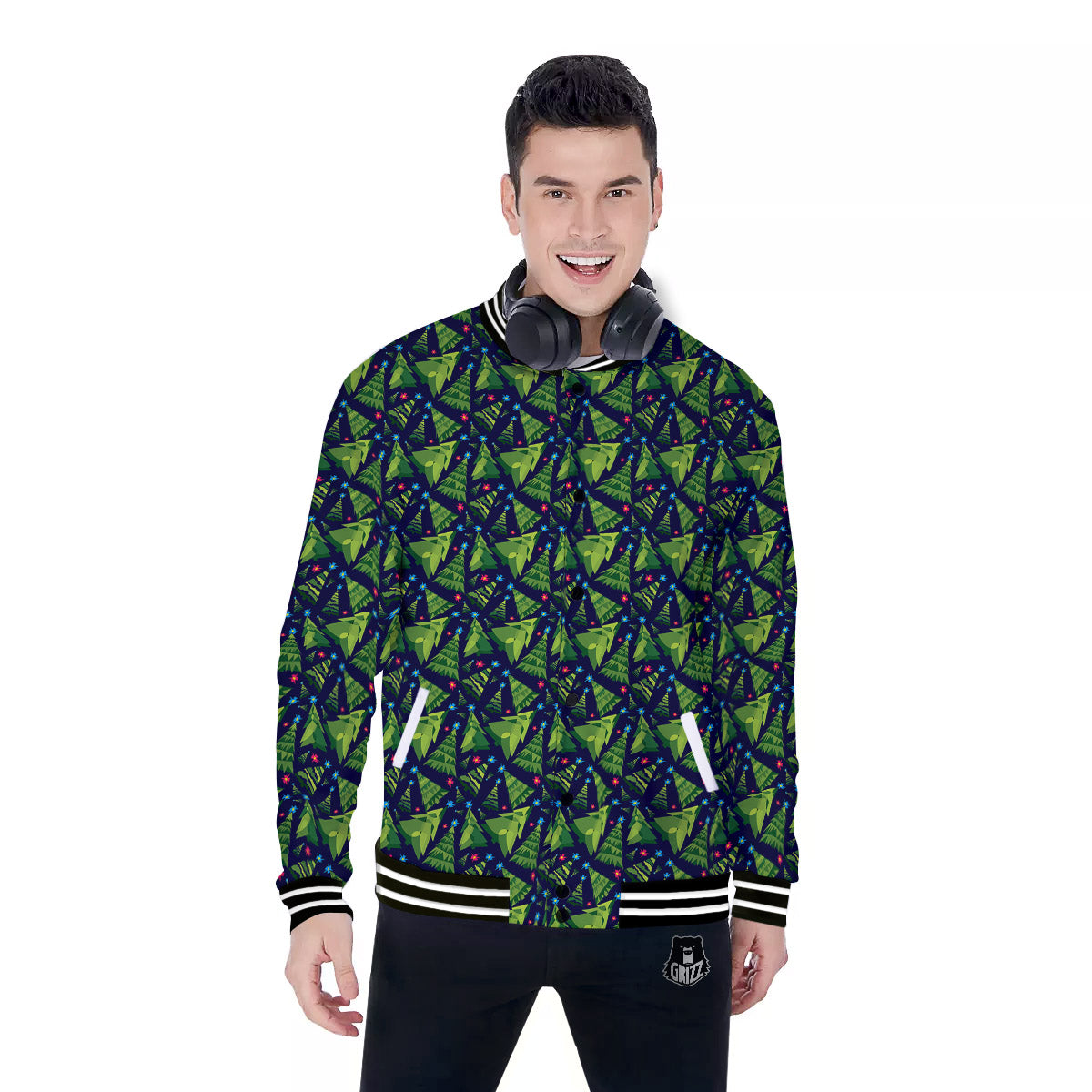 Star And Christmas Tree Print Pattern Baseball Jacket-grizzshop