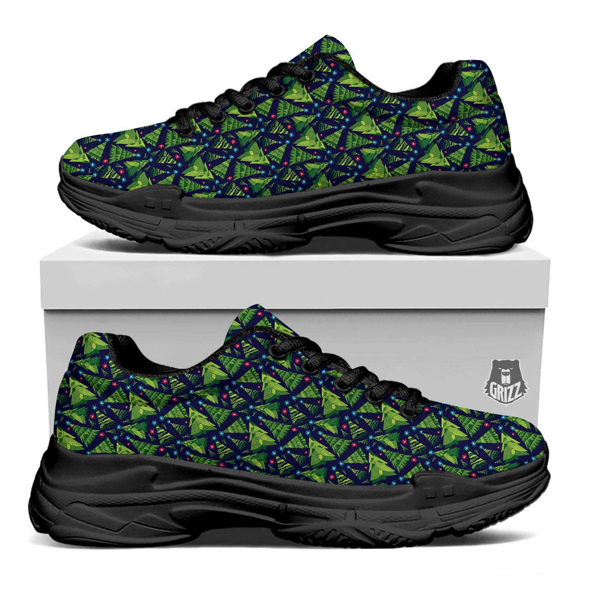 Star And Christmas Tree Print Pattern Black Chunky Shoes-grizzshop