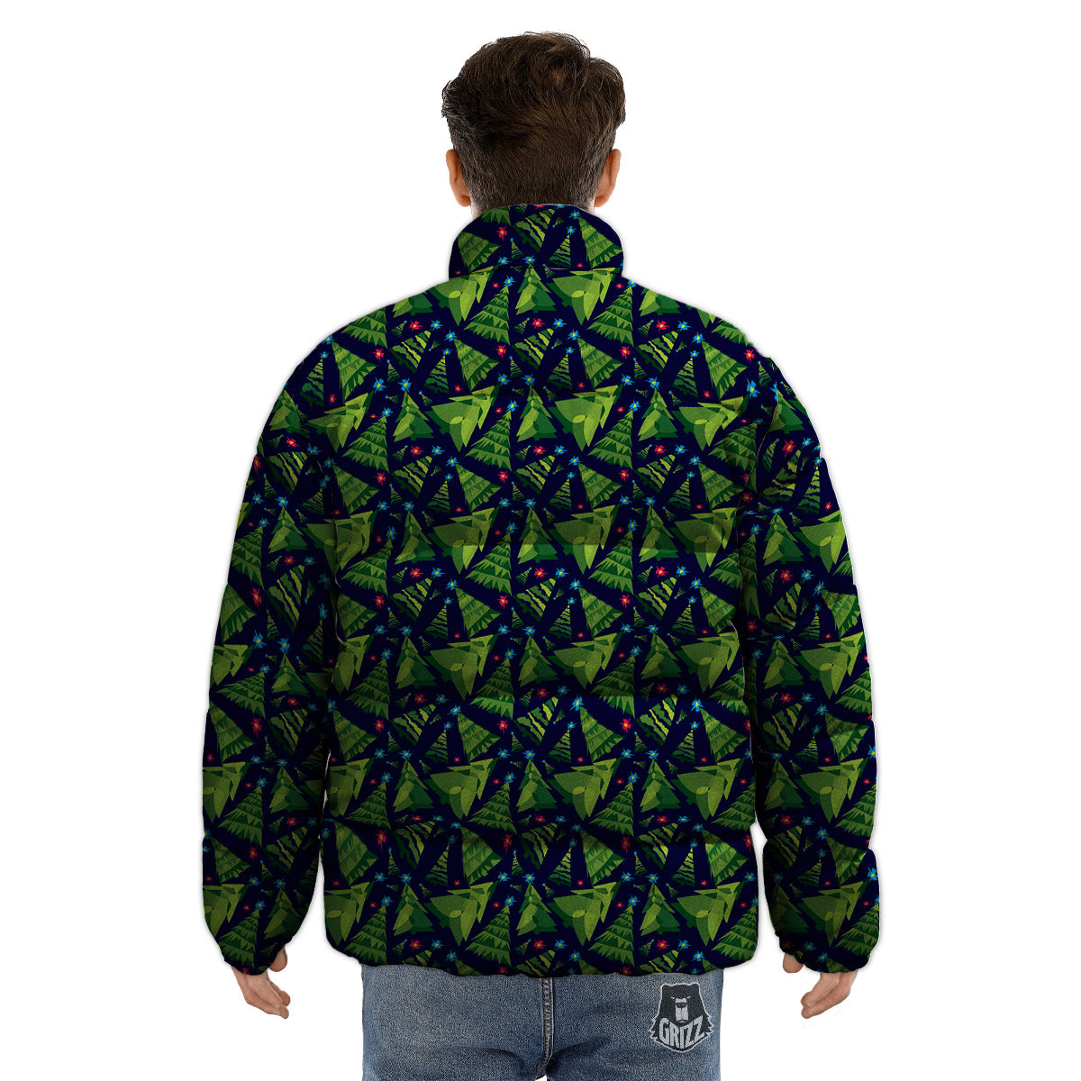 Star And Christmas Tree Print Pattern Puffer Jacket-grizzshop