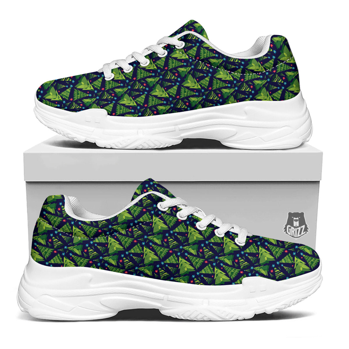 Star And Christmas Tree Print Pattern White Chunky Shoes-grizzshop