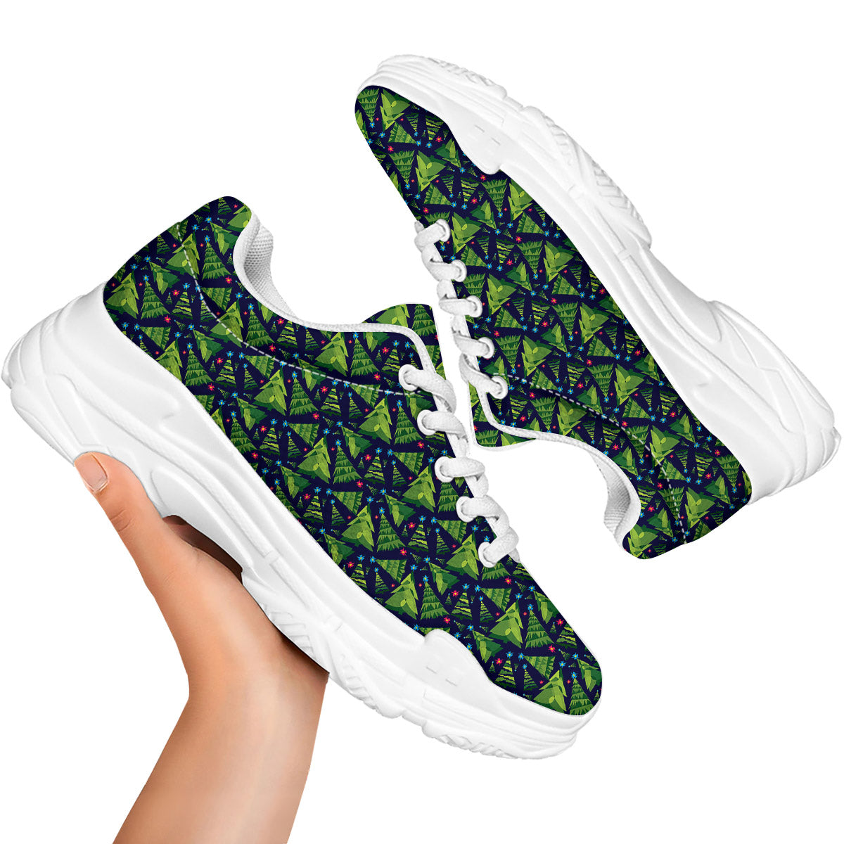 Star And Christmas Tree Print Pattern White Chunky Shoes-grizzshop
