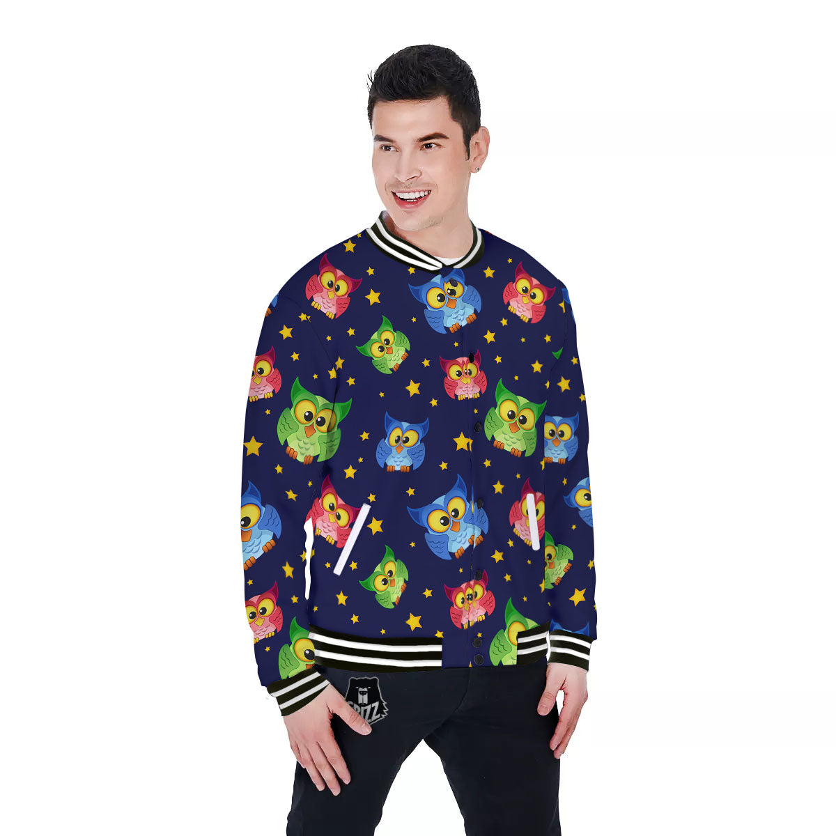 Star And Owl Print Pattern Baseball Jacket-grizzshop