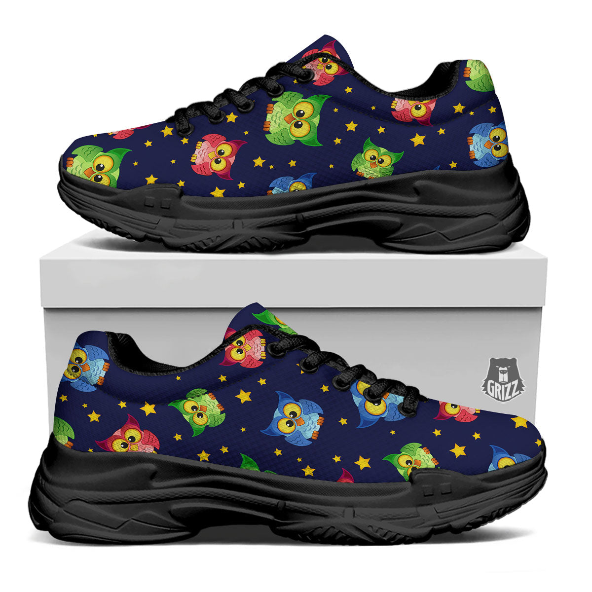 Star And Owl Print Pattern Black Chunky Shoes-grizzshop