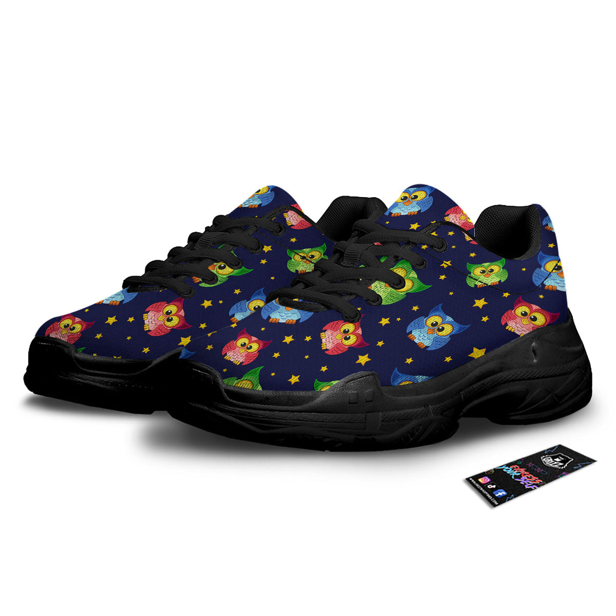 Star And Owl Print Pattern Black Chunky Shoes-grizzshop