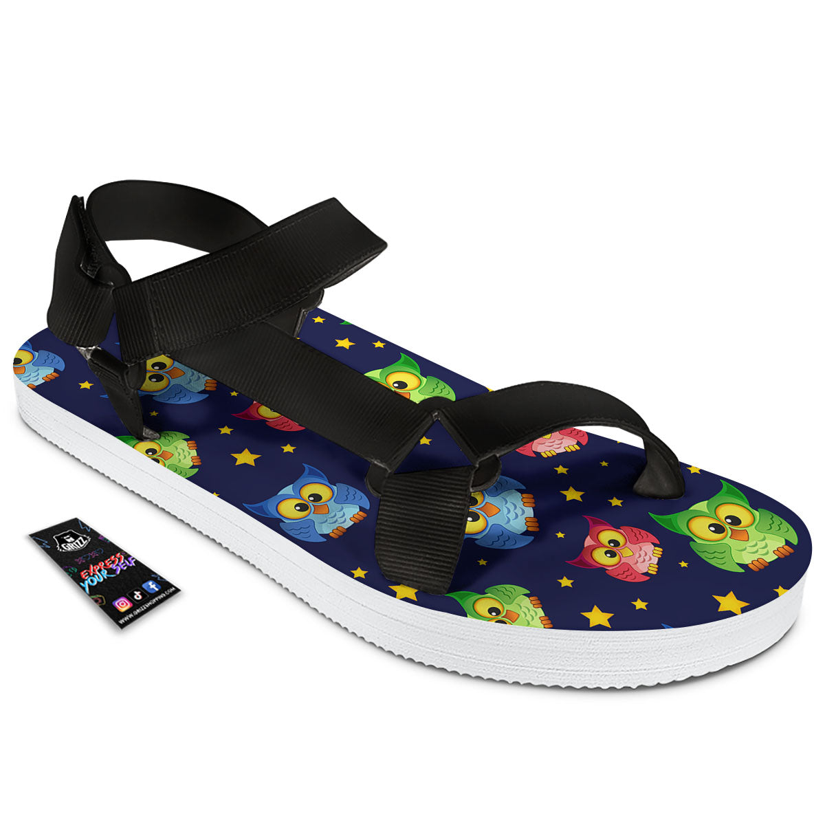 Star And Owl Print Pattern Black Open Toe Sandals-grizzshop
