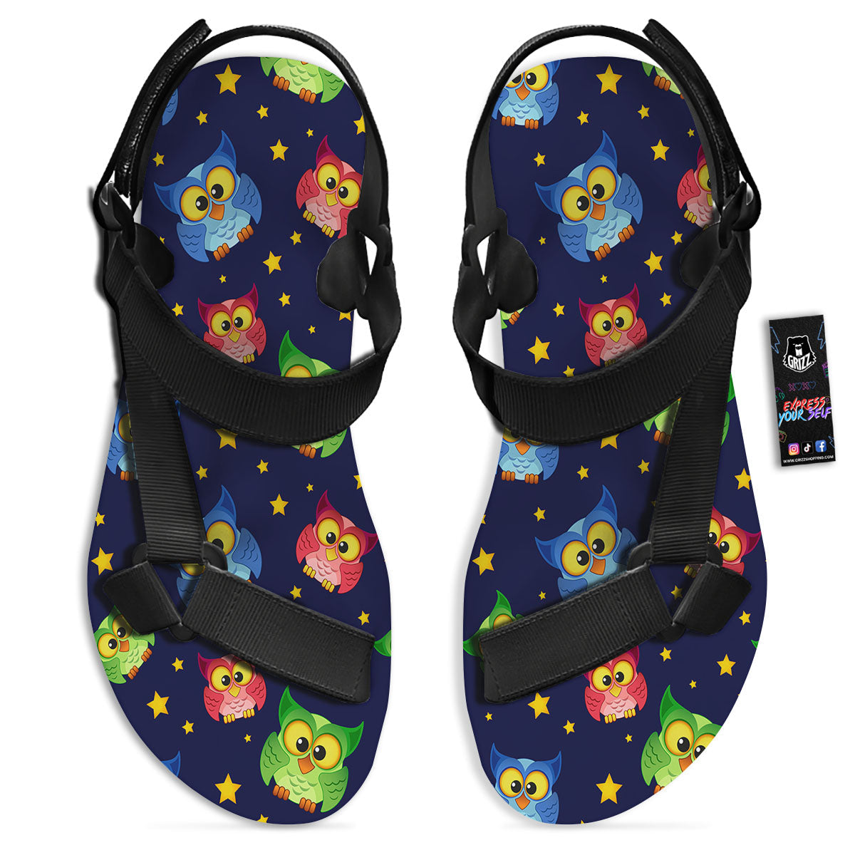 Star And Owl Print Pattern Black Open Toe Sandals-grizzshop