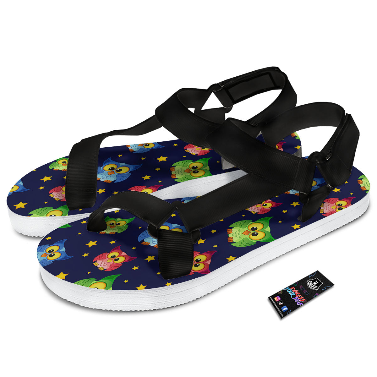 Star And Owl Print Pattern Black Open Toe Sandals-grizzshop
