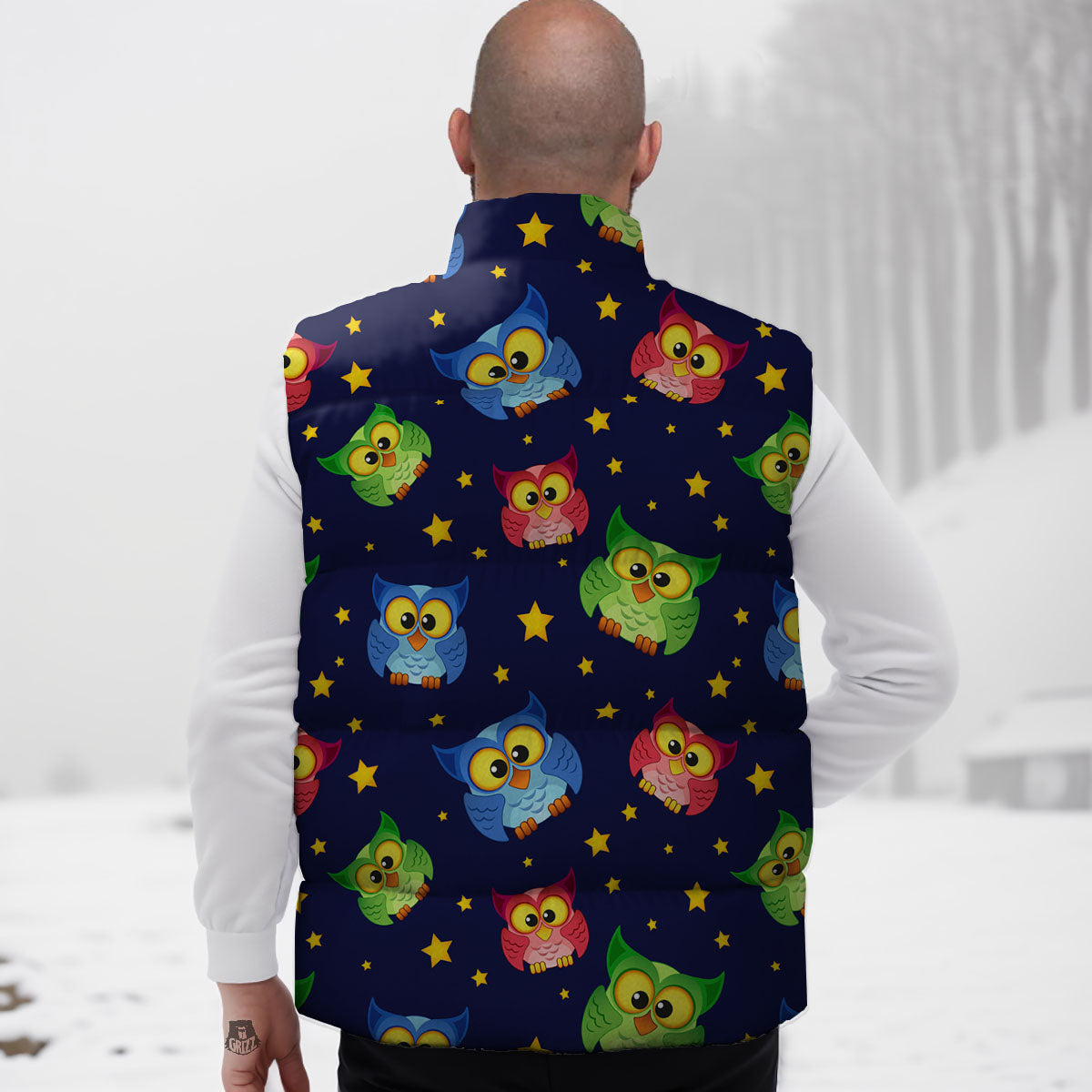 Star And Owl Print Pattern Down Vest