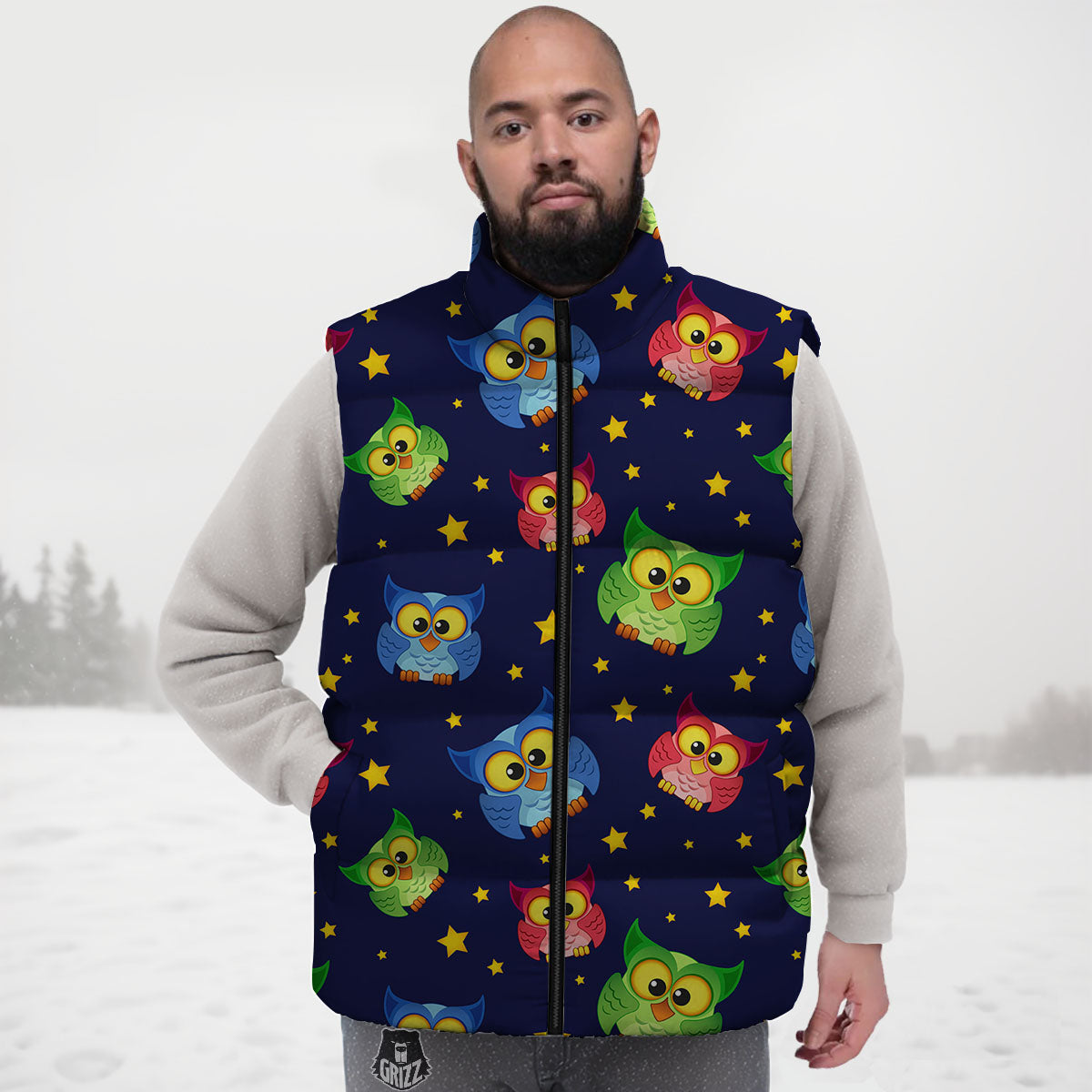 Star And Owl Print Pattern Down Vest