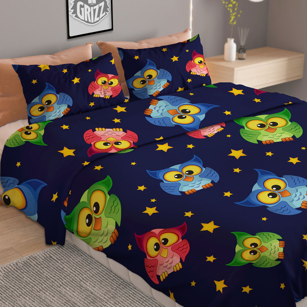 Star And Owl Print Pattern Duvet Cover Bedding Set