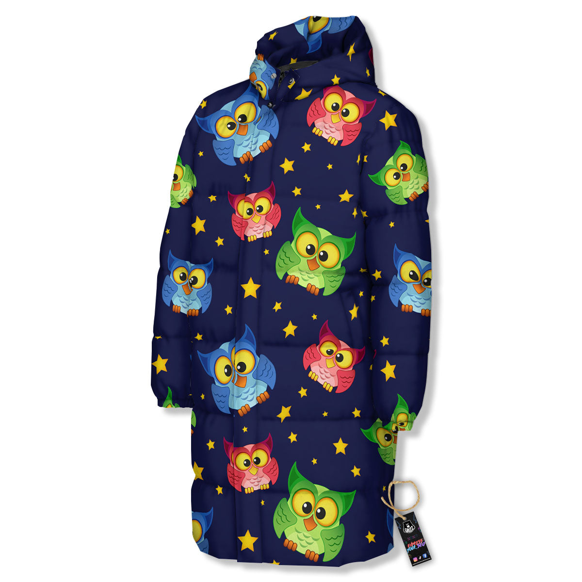 Star And Owl Print Pattern Long Down Jacket-grizzshop
