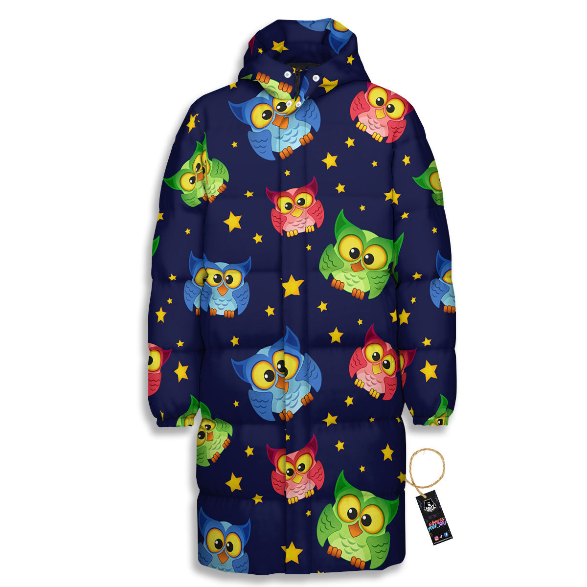 Star And Owl Print Pattern Long Down Jacket-grizzshop