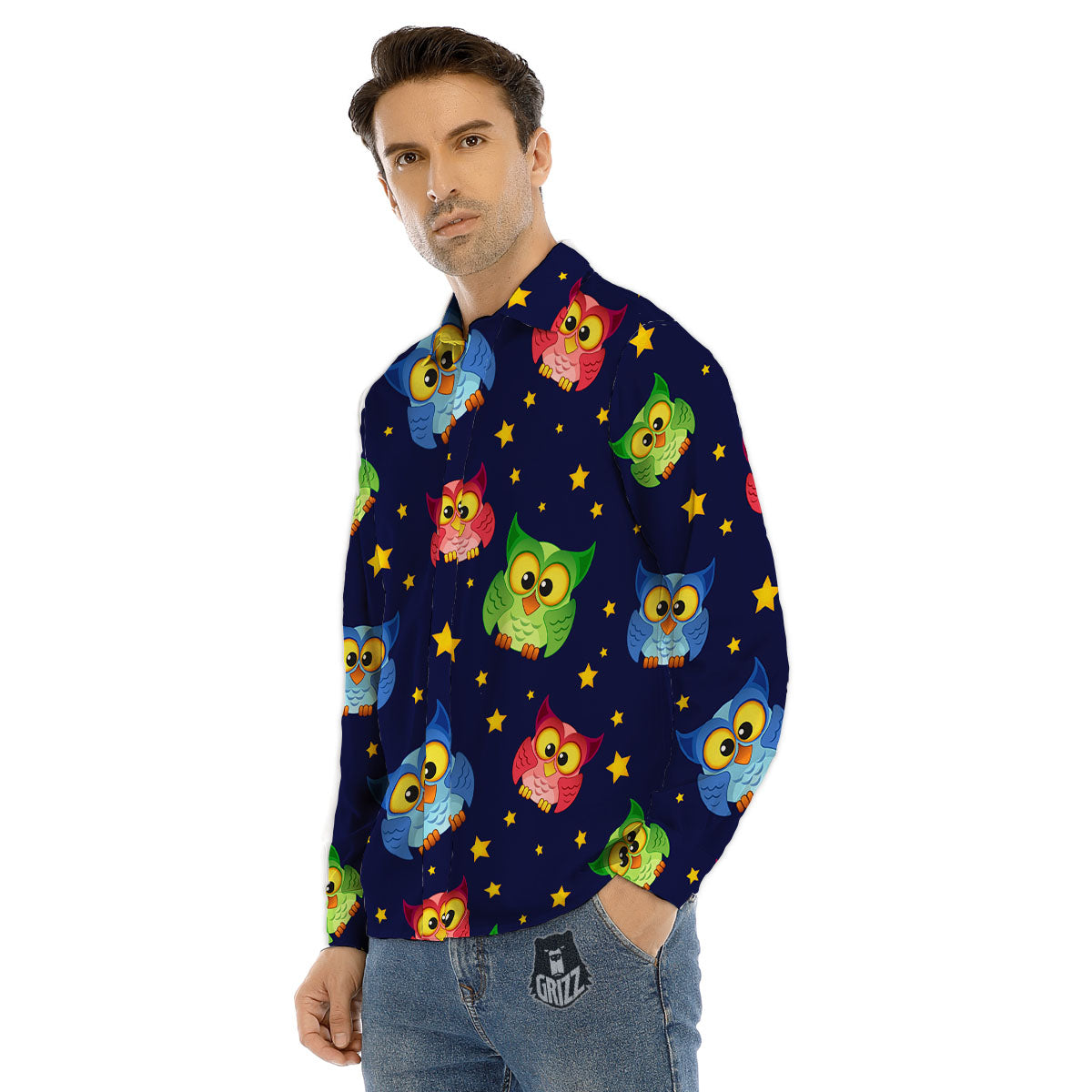 Star And Owl Print Pattern Men's Dress Shirts-grizzshop
