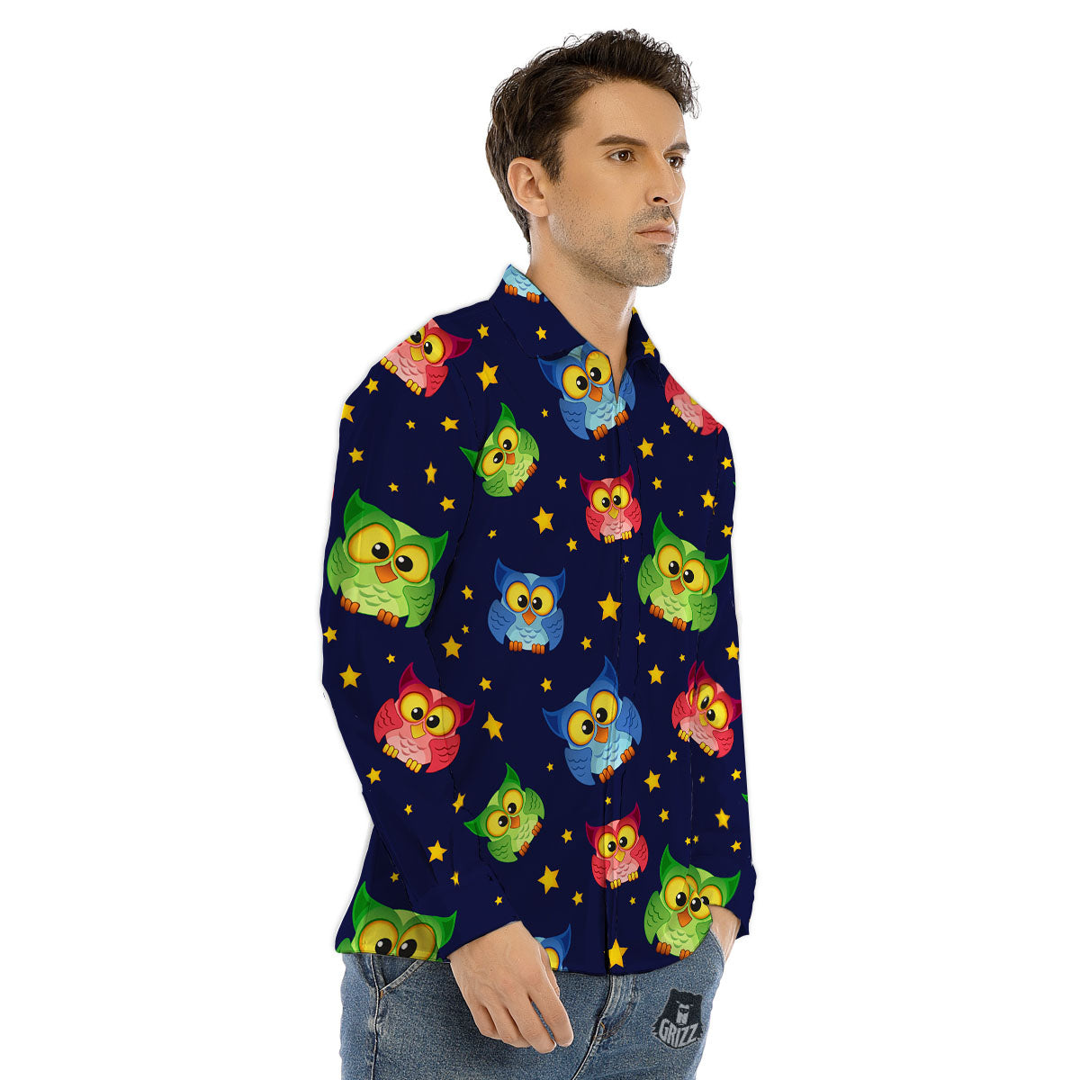 Star And Owl Print Pattern Men's Dress Shirts-grizzshop