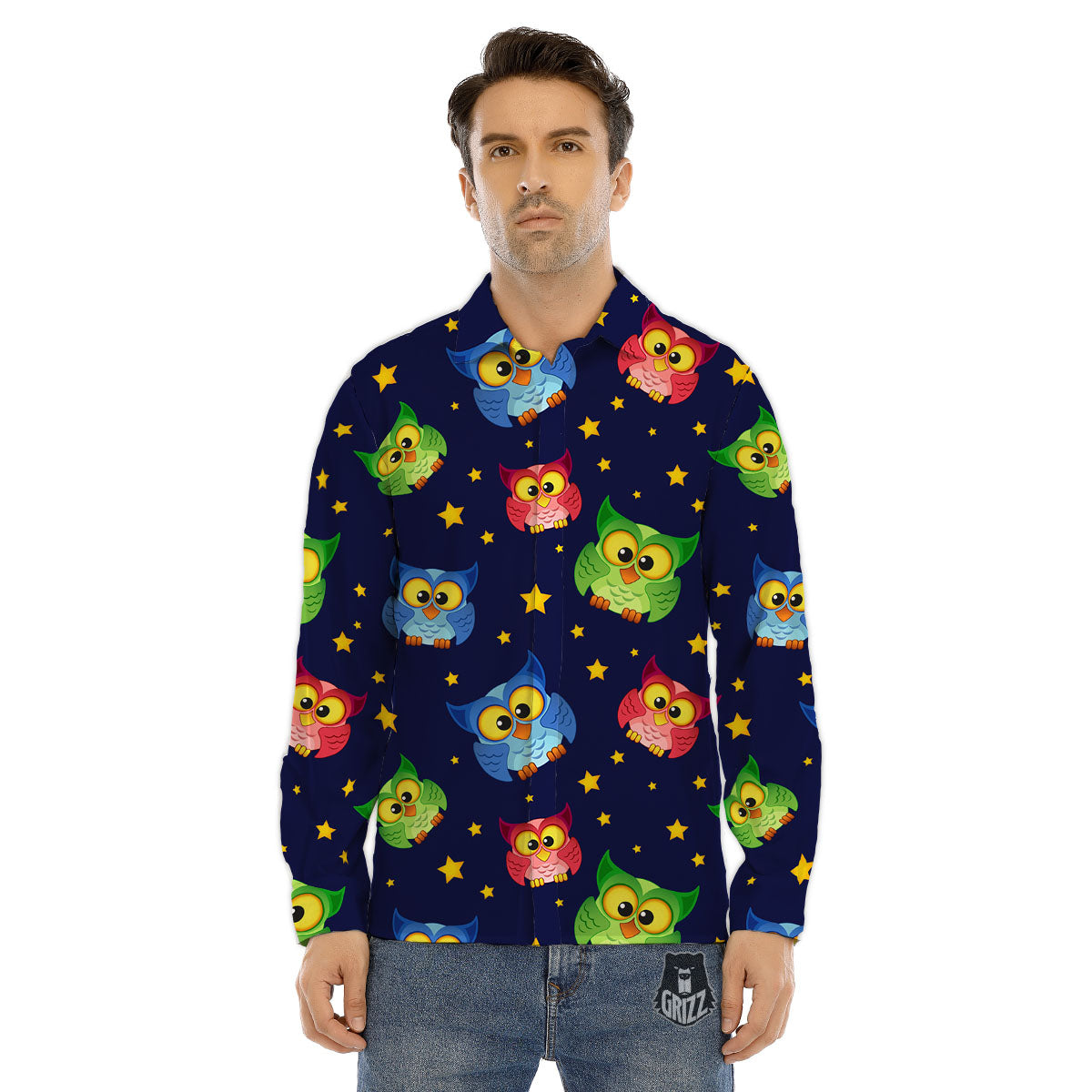 Star And Owl Print Pattern Men's Dress Shirts-grizzshop