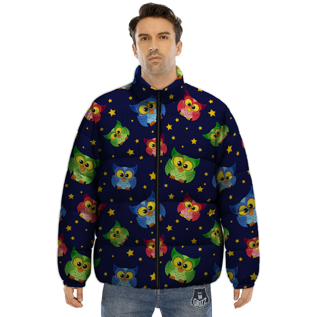 Star And Owl Print Pattern Puffer Jacket-grizzshop