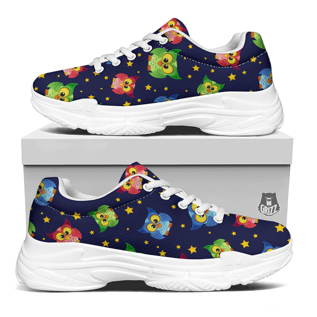 Star And Owl Print Pattern White Chunky Shoes-grizzshop