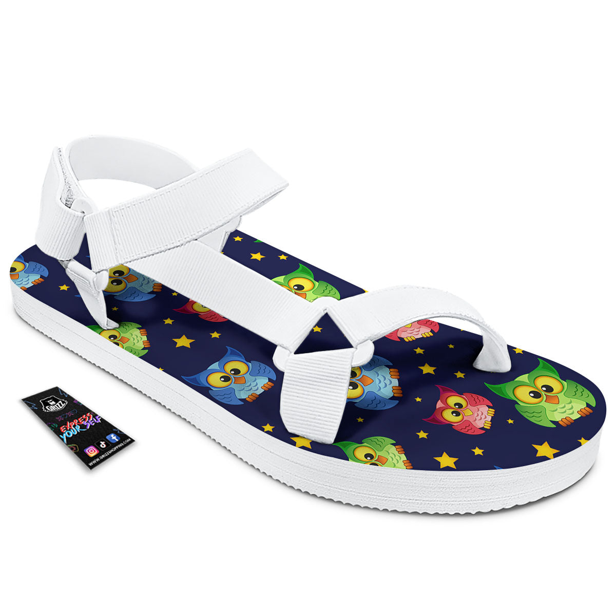 Star And Owl Print Pattern White Open Toe Sandals-grizzshop