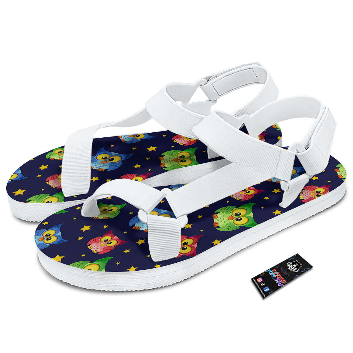 Star And Owl Print Pattern White Open Toe Sandals-grizzshop