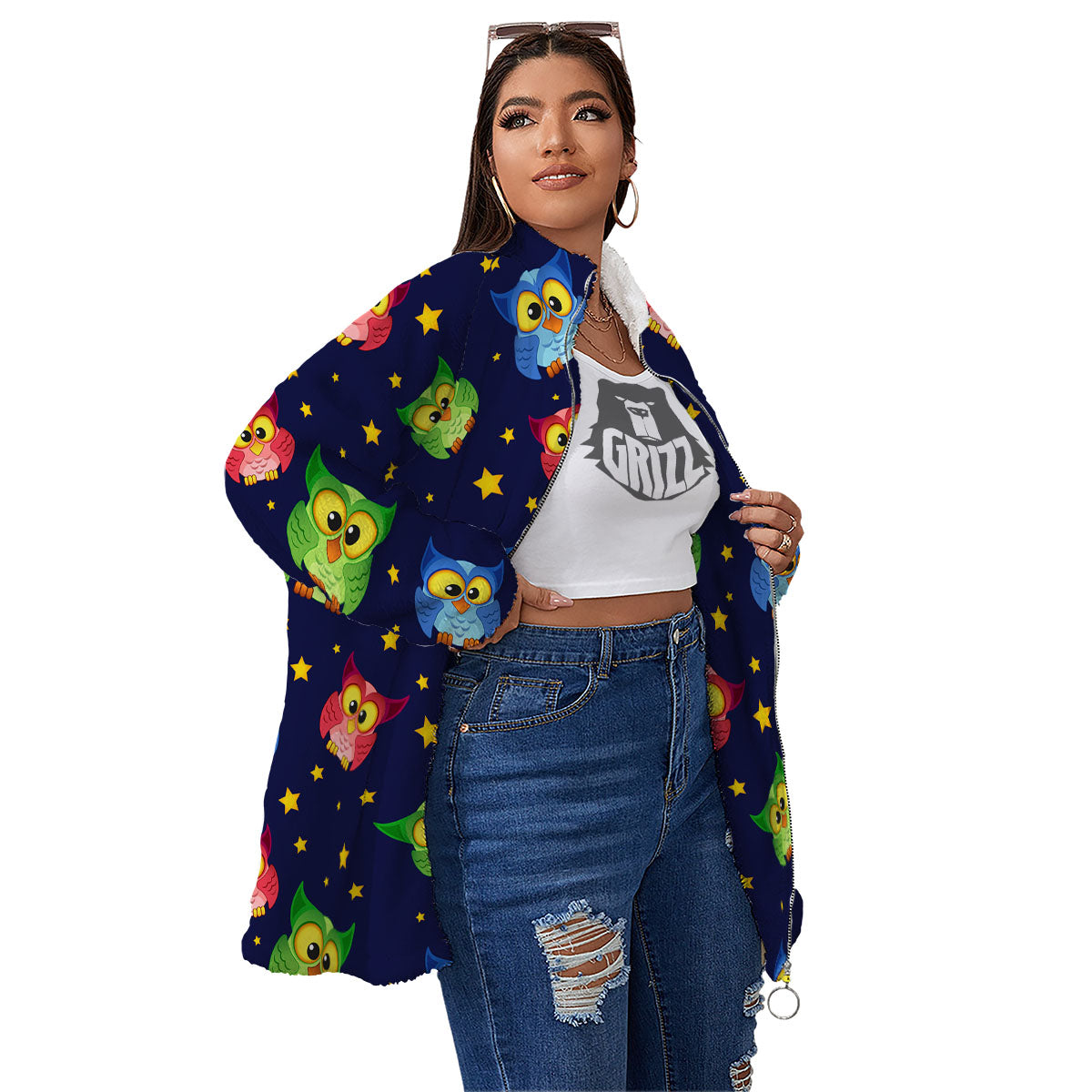 Star And Owl Print Pattern Women's Sherpa Jacket-grizzshop