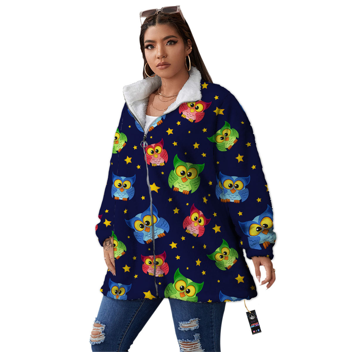 Star And Owl Print Pattern Women's Sherpa Jacket-grizzshop