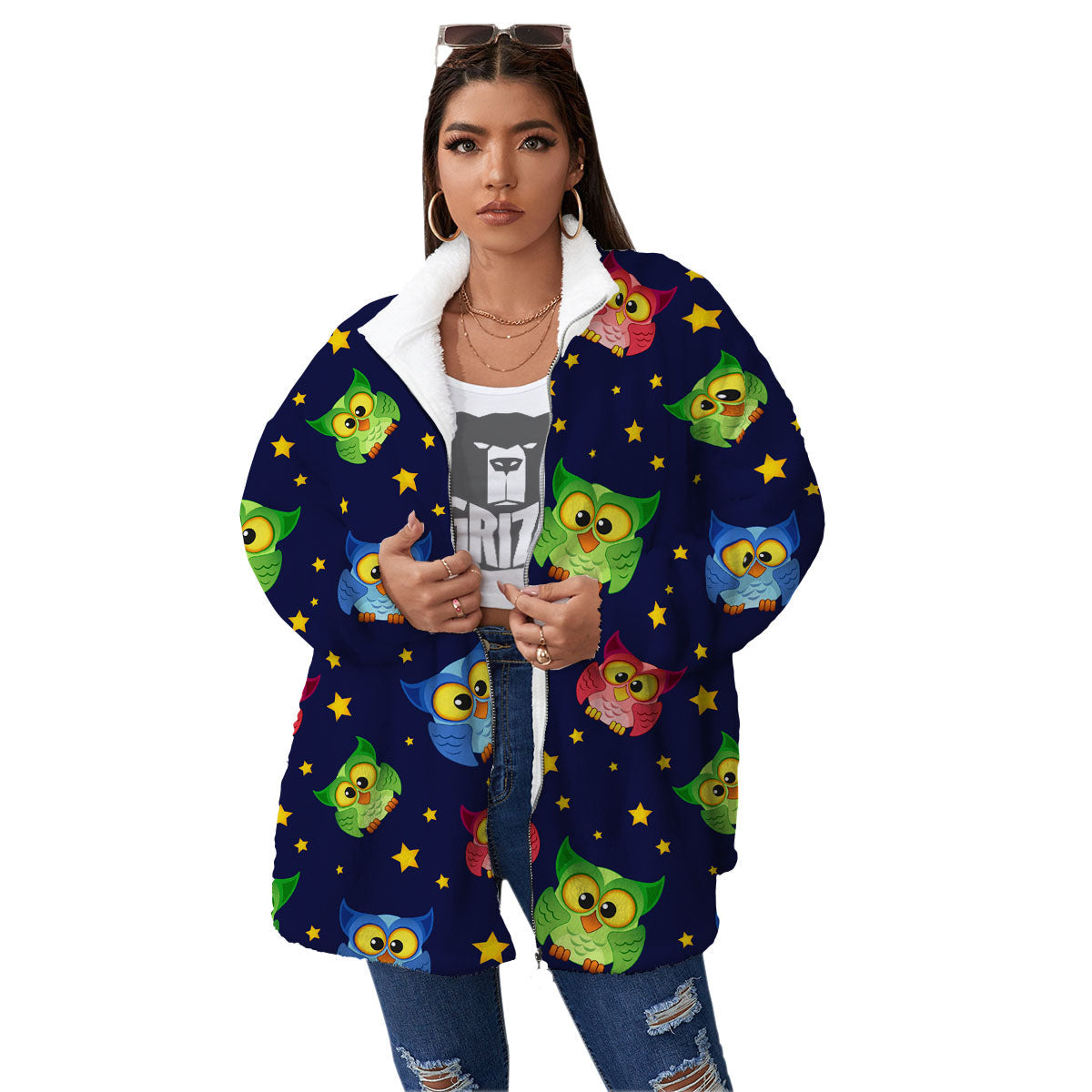 Star And Owl Print Pattern Women's Sherpa Jacket-grizzshop