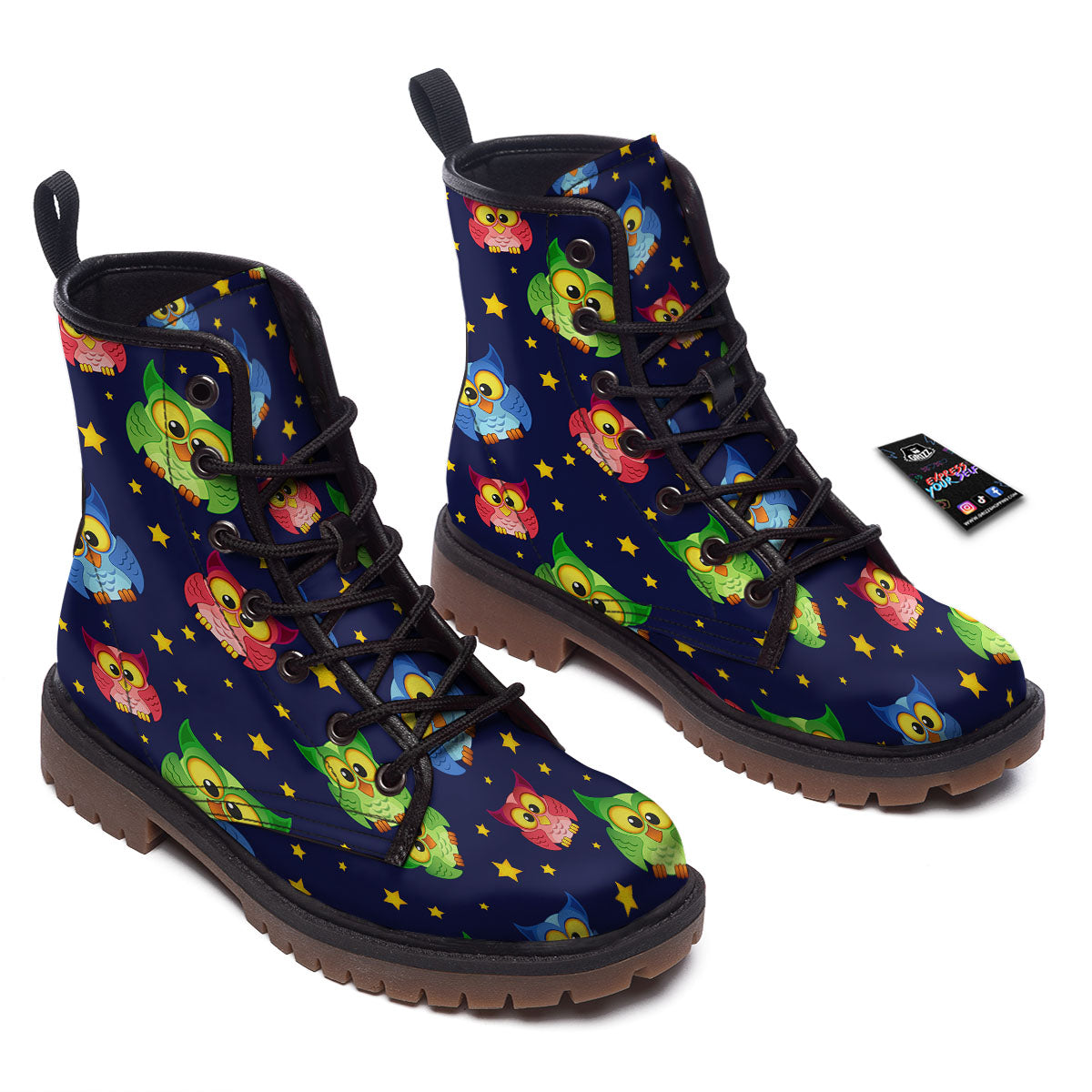 Star And Owl Print Pattern Work Boots-grizzshop