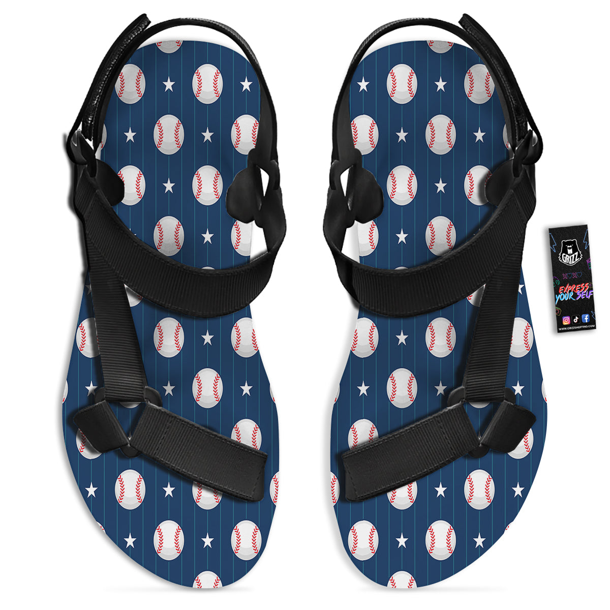 Star Baseballs Print Pattern Black Open Toe Sandals-grizzshop
