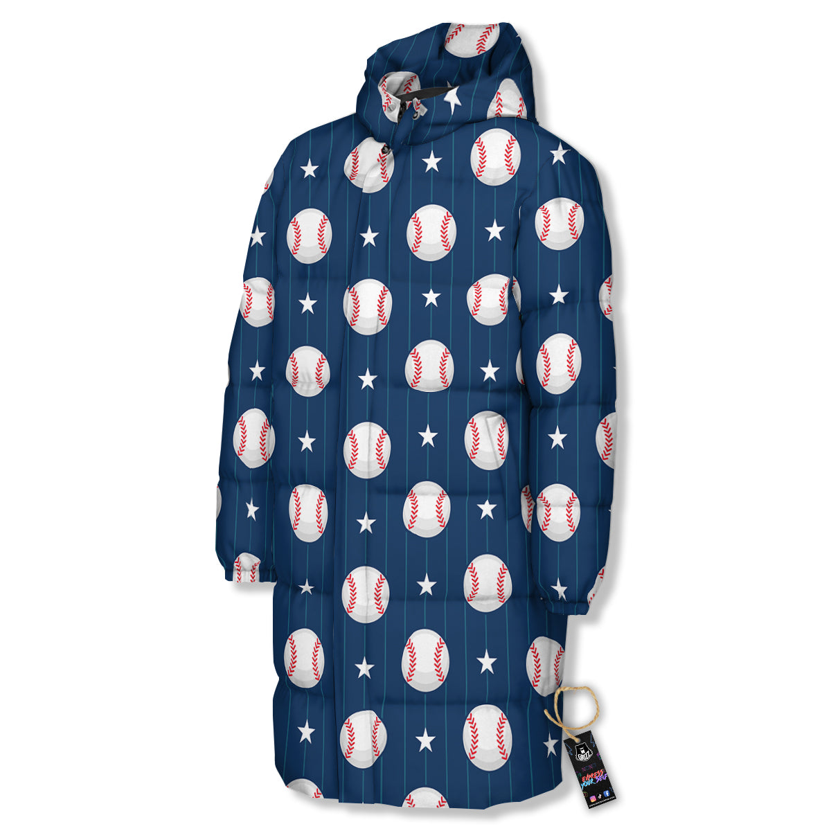 Star Baseballs Print Pattern Long Down Jacket-grizzshop