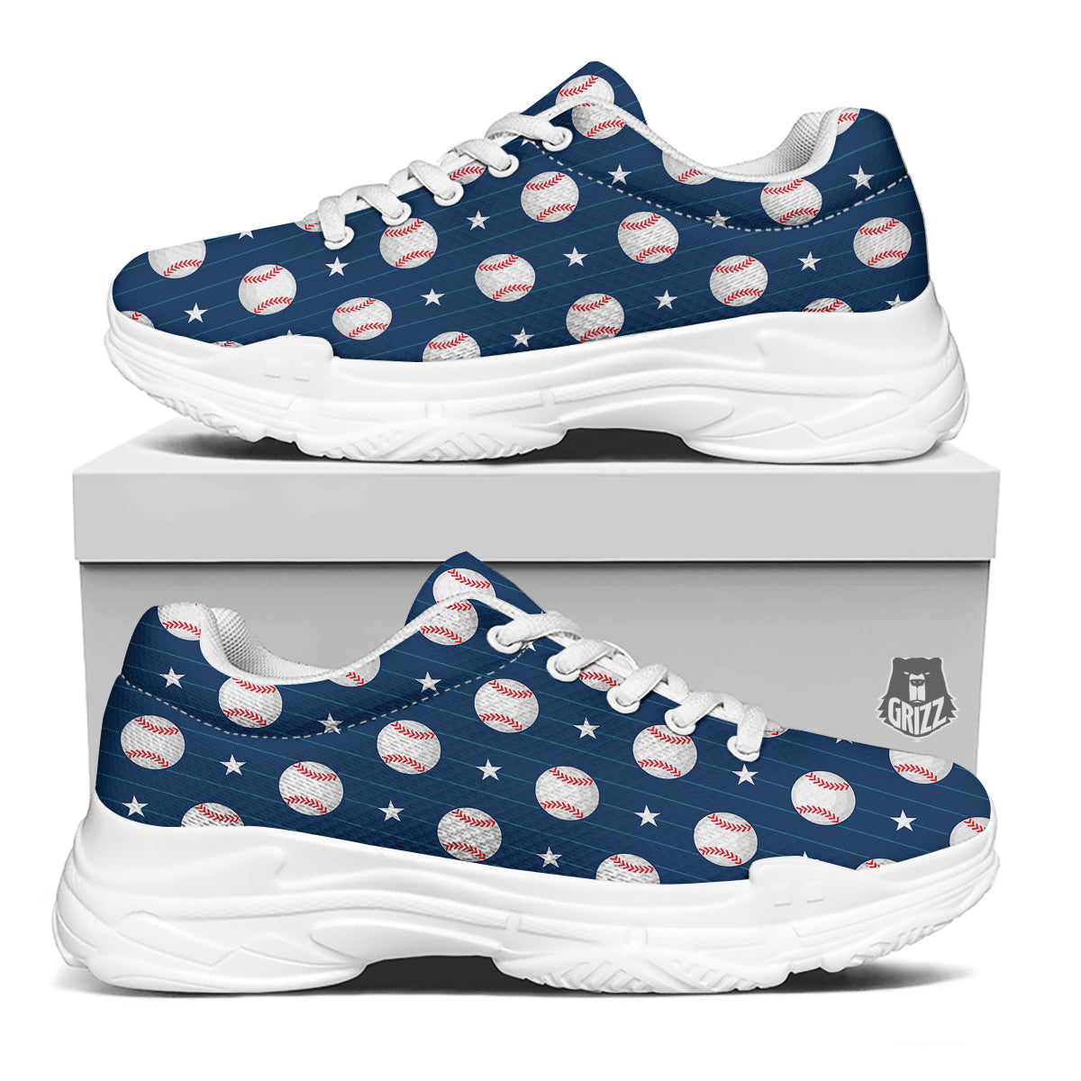 Star Baseballs Print Pattern White Chunky Shoes-grizzshop