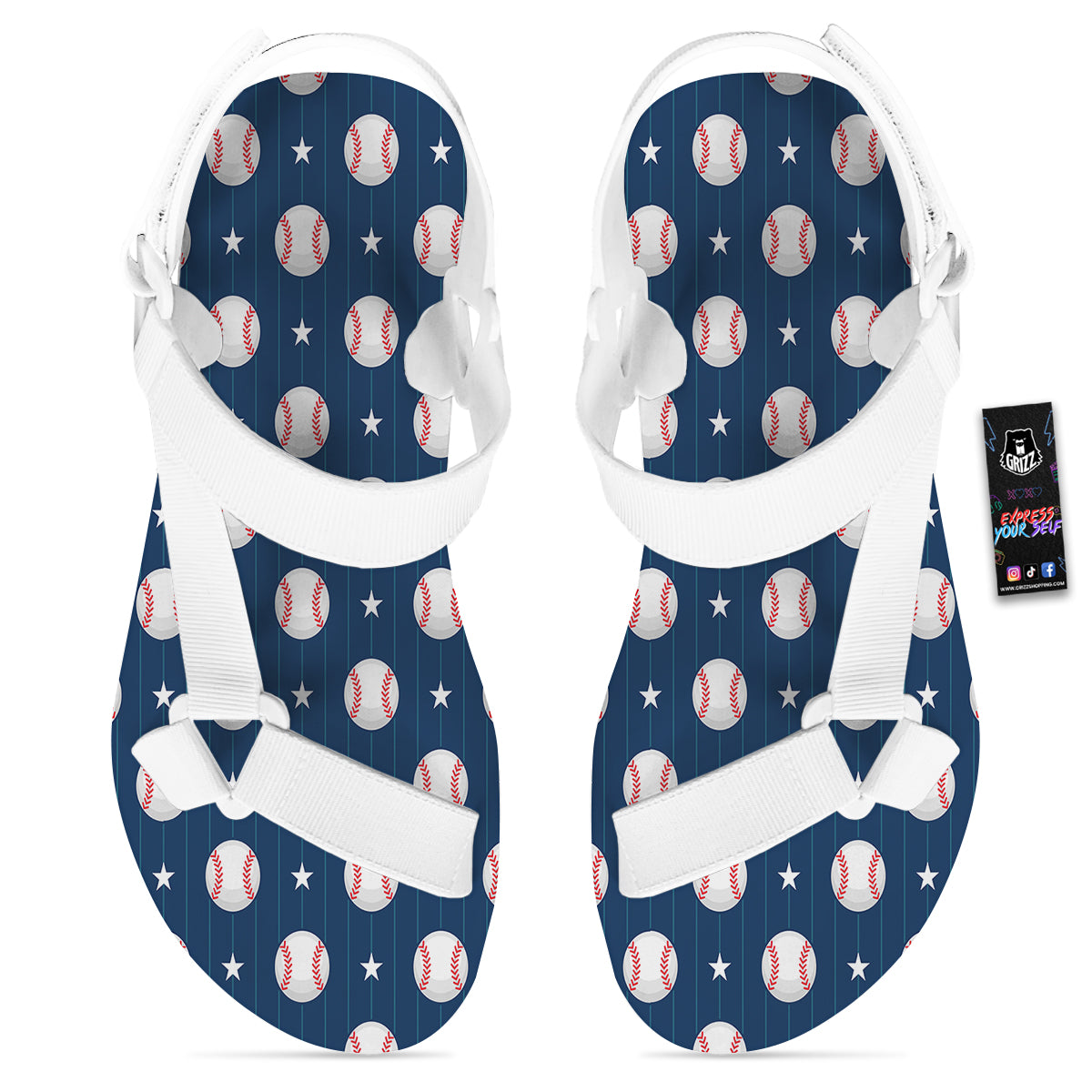 Star Baseballs Print Pattern White Open Toe Sandals-grizzshop