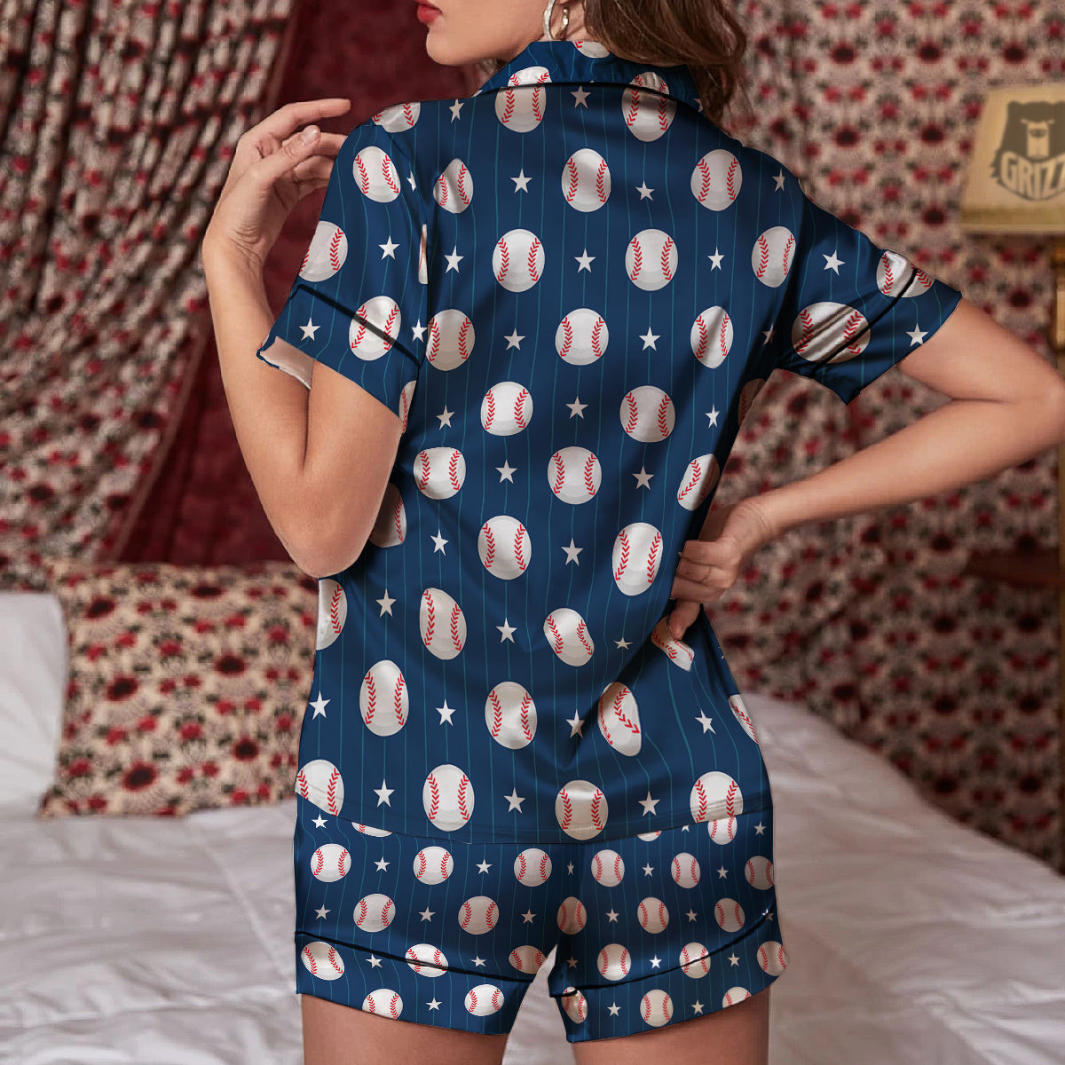 Star Baseballs Print Pattern Women Silk Pajamas-grizzshop