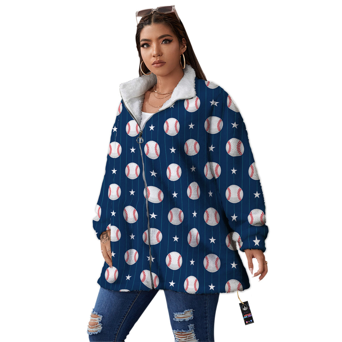 Star Baseballs Print Pattern Women's Sherpa Jacket-grizzshop
