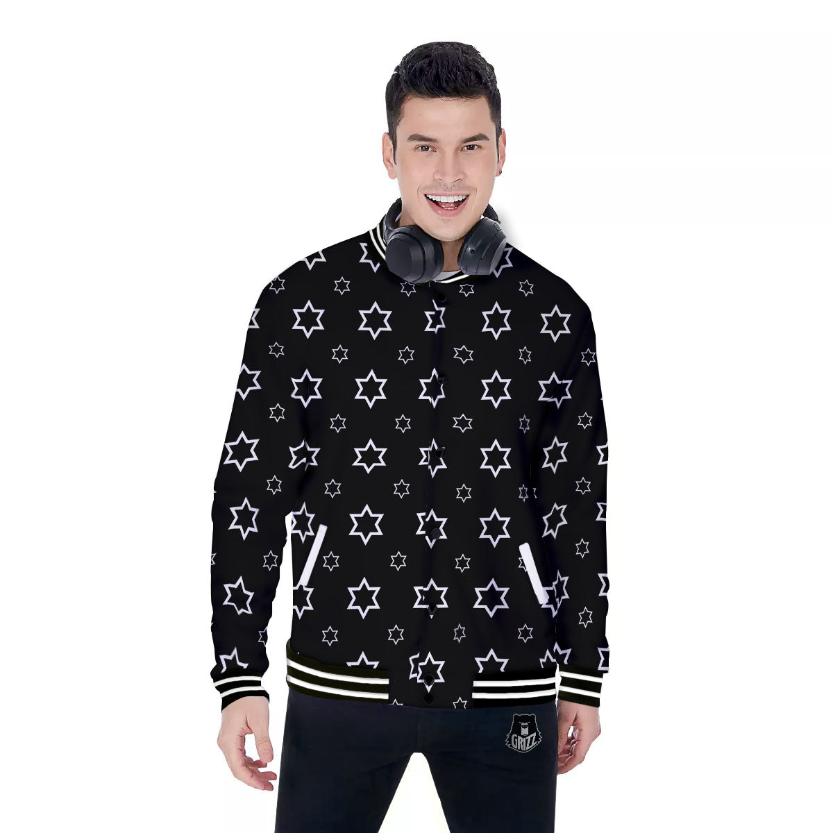 Star Black And White Print Pattern Baseball Jacket-grizzshop