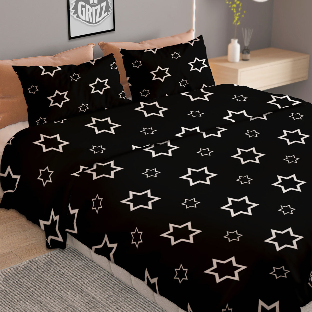 Star Black And White Print Pattern Duvet Cover Bedding Set