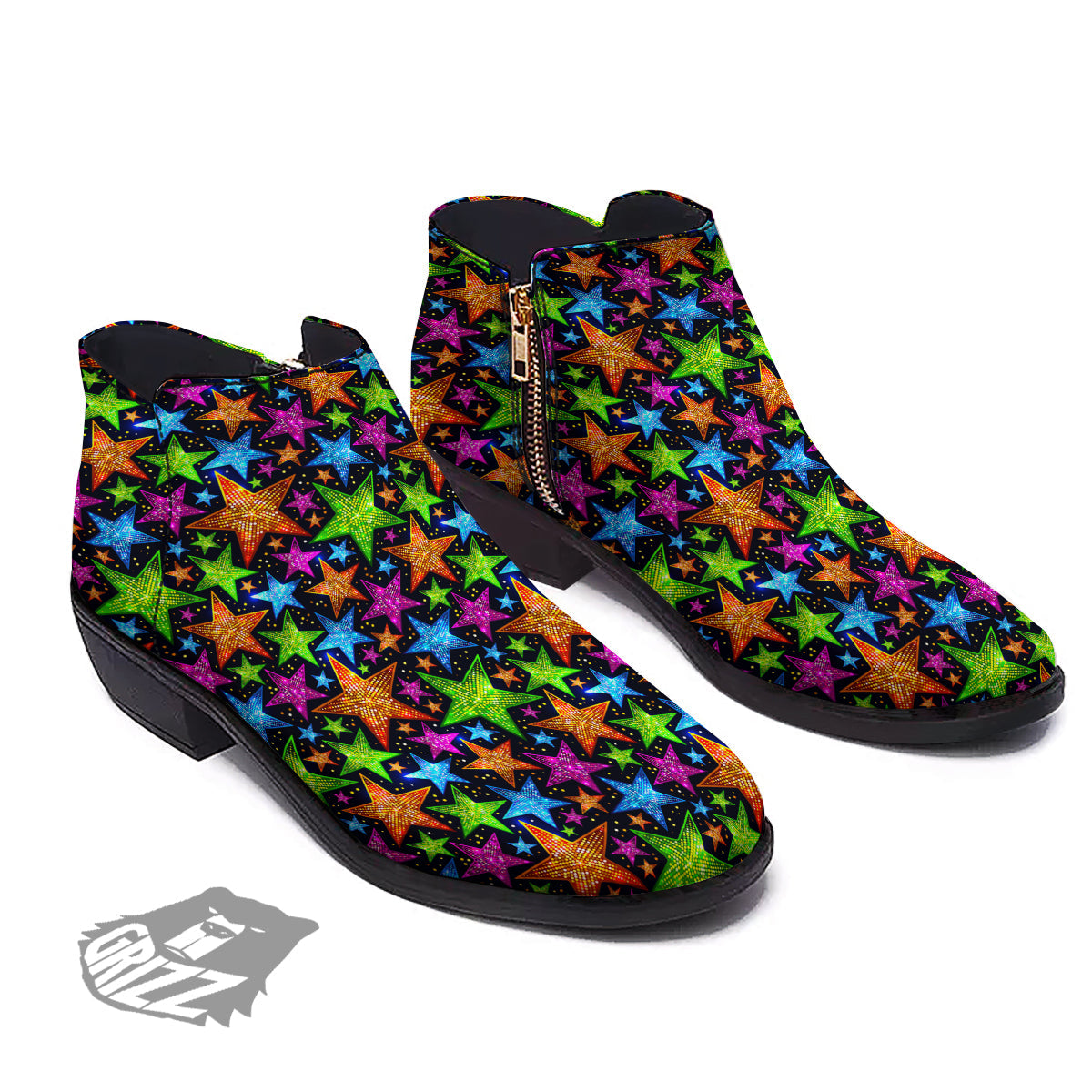 Star Disco Sparkles Print Pattern Ankle Boots-grizzshop