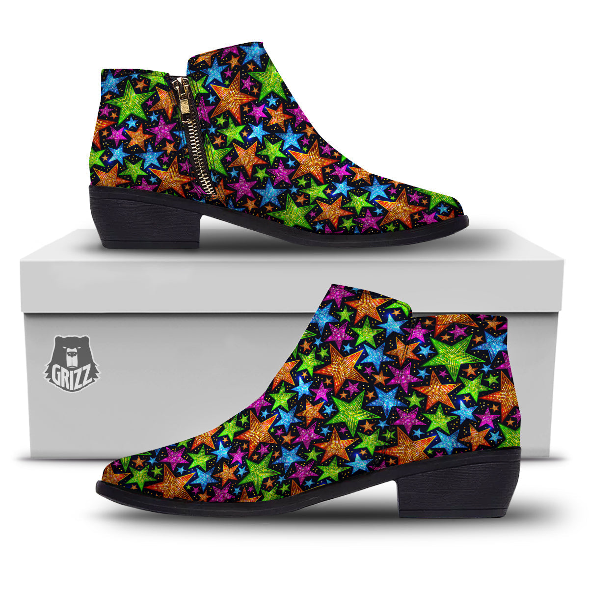 Star Disco Sparkles Print Pattern Ankle Boots-grizzshop