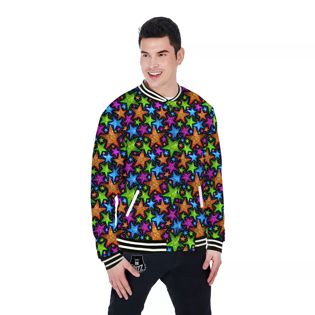 Star Disco Sparkles Print Pattern Baseball Jacket-grizzshop