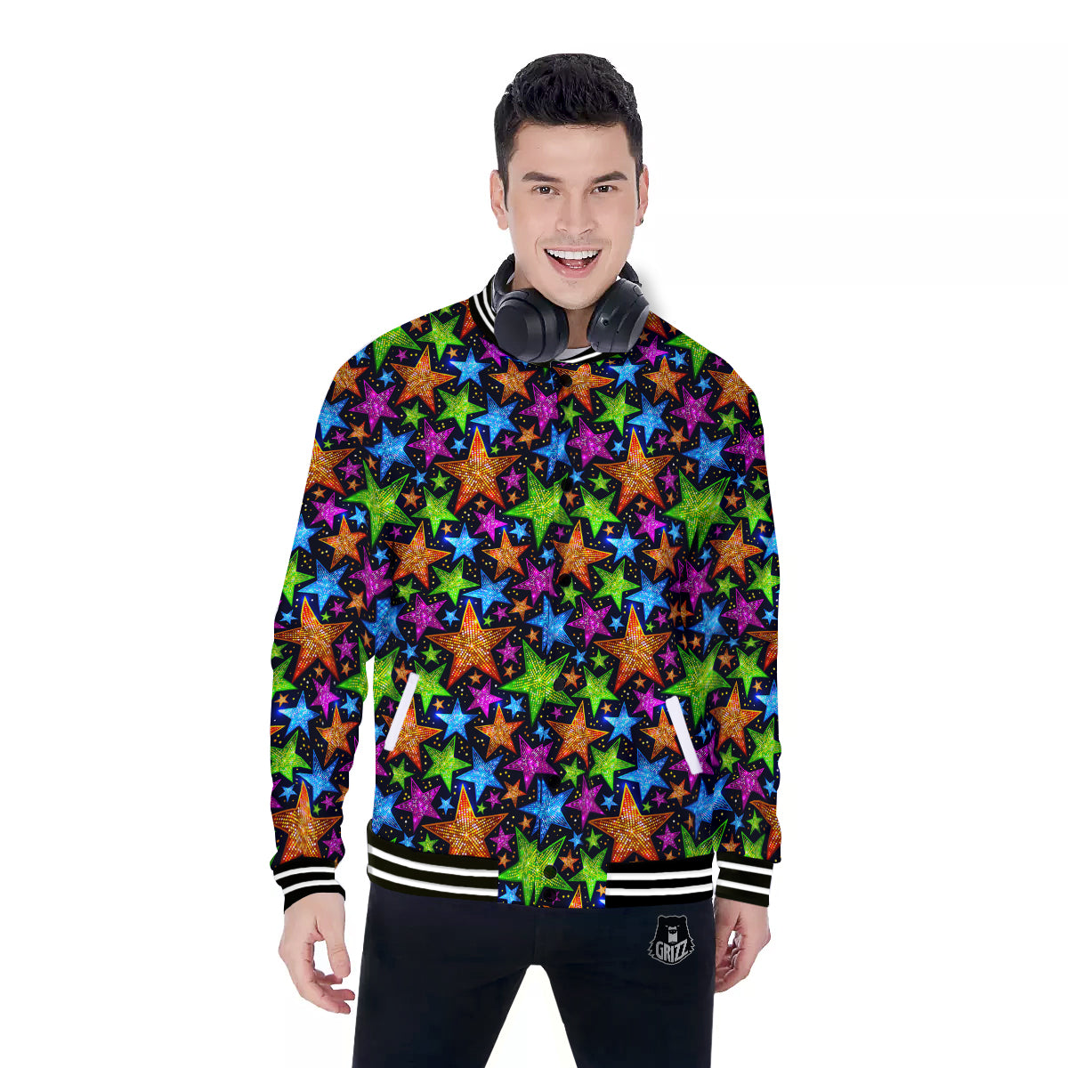 Star Disco Sparkles Print Pattern Baseball Jacket-grizzshop