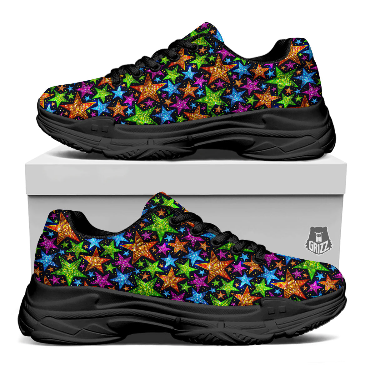Star Disco Sparkles Print Pattern Black Chunky Shoes-grizzshop