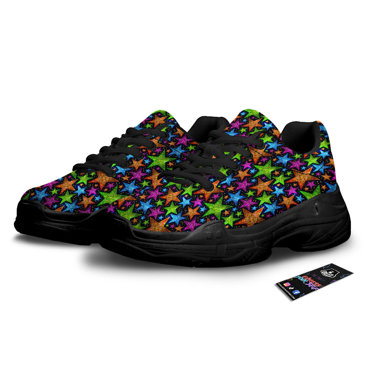 Star Disco Sparkles Print Pattern Black Chunky Shoes-grizzshop