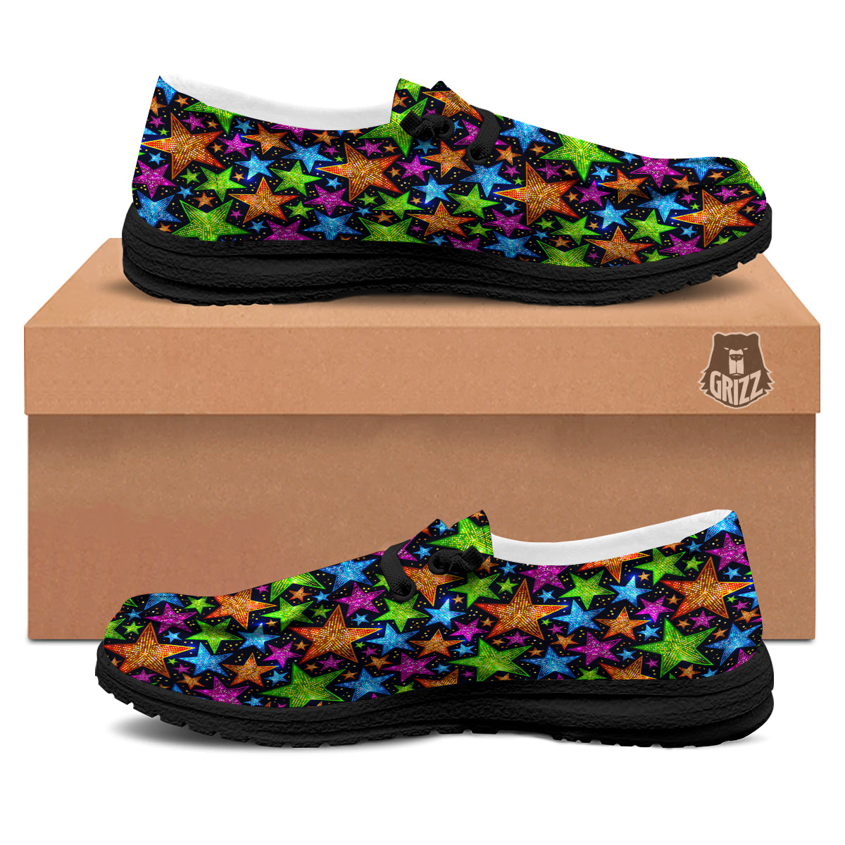 Star Disco Sparkles Print Pattern Black Loafers-grizzshop
