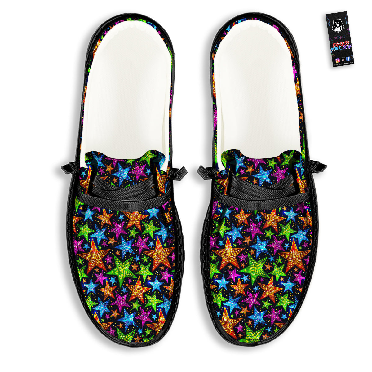 Star Disco Sparkles Print Pattern Black Loafers-grizzshop